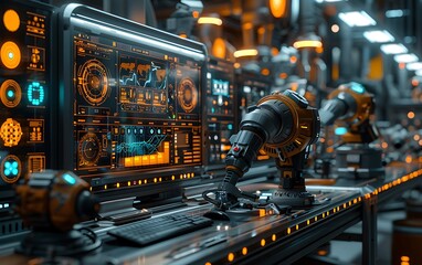 Fototapeta premium A high-tech workspace featuring robotic arms, illuminated screens, and futuristic machinery, emphasizing advanced automation and technology.