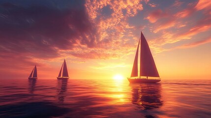 Three sailboats sail across a calm ocean with the setting sun creating a vibrant orange and pink sky.