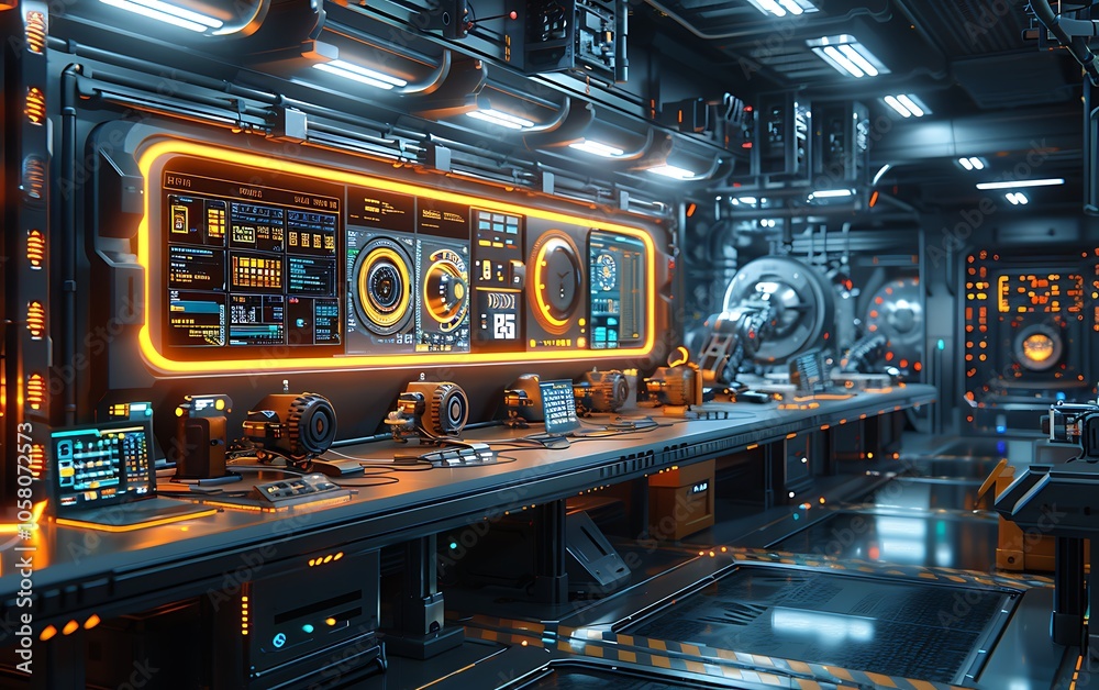 Poster a futuristic control room with illuminated panels and advanced technology, showcasing a sleek, high-