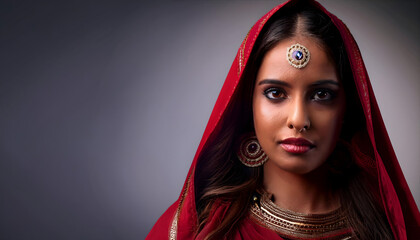 Indian woman dressed in a red and gold outfit with a gold necklace and earrings.