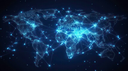 A glowing blue world map with lines connecting continents.