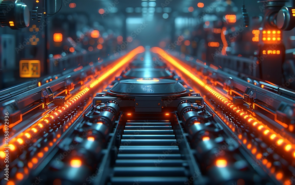 Poster a futuristic factory scene featuring an illuminated conveyor belt with vibrant orange lights, showca