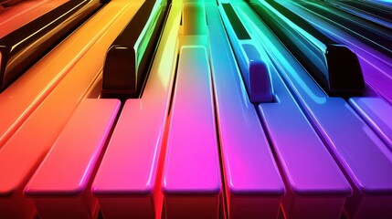 Close-up of colorful piano keys with a rainbow gradient.