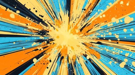 Abstract colorful explosion with blue, orange, and yellow stripes and paint splatters on a black background.