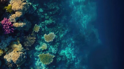 Naklejka premium A vibrant underwater scene with coral reefs in various colors. The shallow water is clear with visible sunlight.