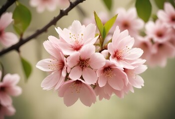 Fototapeta premium Close-up of a sakura flower in full bloom, showcasing delicate pink petals with a soft focus background of green leaves create with ai