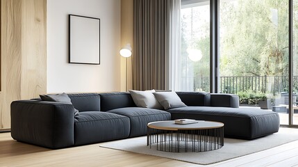 Fototapeta premium Cozy Modern Living Room with Neutral Tones, Stylish Decor, and Elegant Architecture- generative ai
