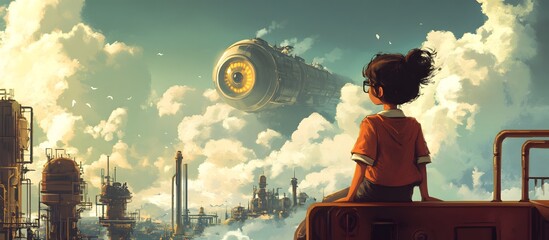 A young child gazing at a futuristic cityscape with towering structures and a floating airship drifting through the clouds.