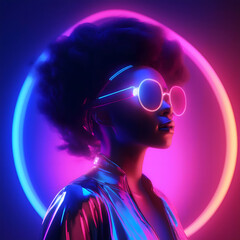 Naklejka premium A woman with a big afro is wearing sunglasses and a striped shirt on a pink and blue background.