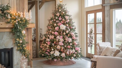 A living room features a stunning Christmas tree adorned with pink flowers and sparkling ornaments, surrounded by a warm and inviting atmosphere created by soft lighting and holiday decorations.