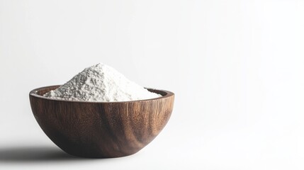 Small wooden bowl filled with fine flour, creating a cozy kitchen scene, isolated on white background