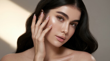 Naklejka premium A woman with long hair and a pretty face. She is wearing a lot of makeup. She is looking at the camera