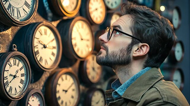 A man with a beard looks up at a wall of antique clocks, lost in thought about the passage of time