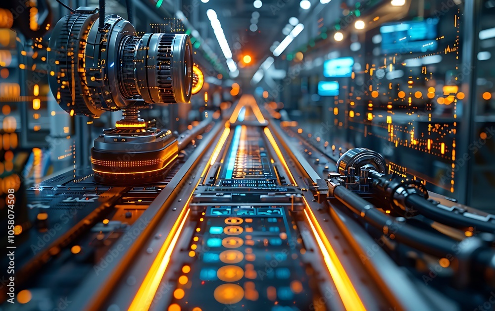Poster a futuristic scene showcasing a bright, tech-filled manufacturing line, with illuminated components 
