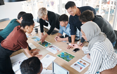 Digital marketing, team or planning campaign in office to promote travel agency website or social...