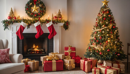 Beautifully Decorated Christmas Tree with Red and Gold Ornaments in Cozy Living Room
