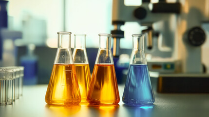 Glass test tubes with liquid stand on a table in a medical laboratory.