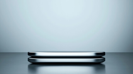 Two sleek metallic objects stacked on a smooth reflective surface against a gradient blue-grey background, showcasing minimalist futuristic design.