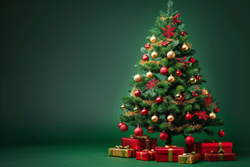 Festive scene featuring a decorated Christmas tree with gold and red ornaments and gift boxes