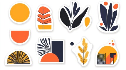 Set of ten abstract stickers in orange, yellow, and blue with white outlines on a white background.