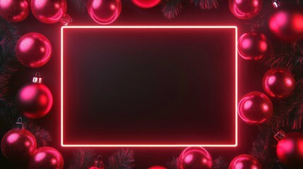 A glowing red neon frame surrounded by red Christmas ornaments and fir branches on a black background.