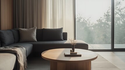Cozy Modern Living Room with Neutral Tones, Stylish Decor, and Elegant Architecture- generative ai