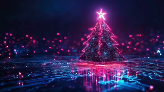 A glowing neon Christmas tree stands on a futuristic surface with a glowing star on top, surrounded by sparkling pink lights in the background.