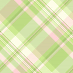 Diagonal seamless check pattern, handmade vector textile tartan. Gentle plaid texture background fabric in light and green colors.