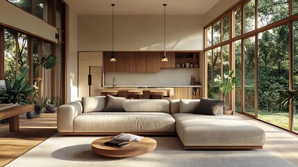 Cozy Modern Living Room with Neutral Tones, Stylish Decor, and Elegant Architecture- generative ai