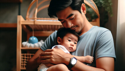 A joyful family moment with a mother, father, and their smiling children sharing a loving hug, celebrating the happiness of childhood together