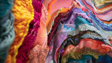 Colorful fabric ruffles flow in abstract waves, creating a vibrant textured background that inspires creativity