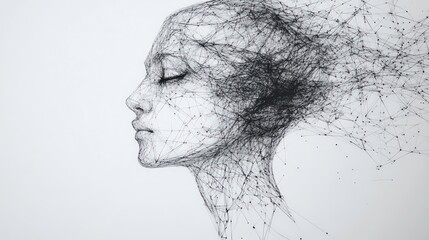 Abstract digital art of a woman's face with a flowing hair made up of lines and dots.