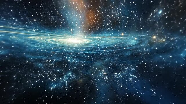 A bright, swirling galaxy is seen in the vast darkness of space, dotted with countless stars