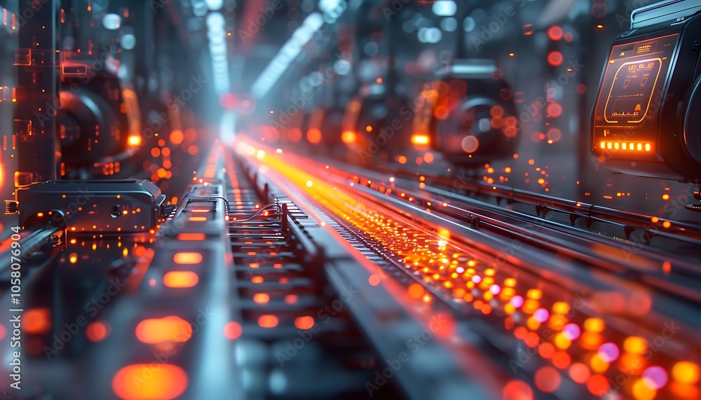 Poster A futuristic network scene with glowing orange lights, depicting data transmission through high-tech machinery in an industrial environment.