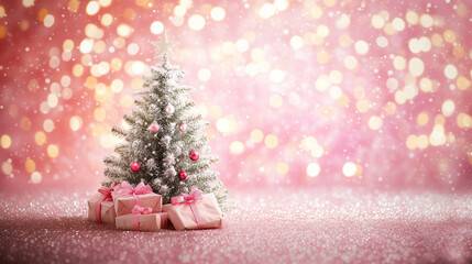 Obraz premium Festive poster showcasing a pink-styled Christmas tree. Gifts wrapped and tied are arranged under the tree. A space for text decorated with glitter, confetti, and streamers.
