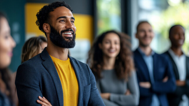 Smiling man in suit at employee recognition ceremony, surrounded by happy colleagues celebrating achievements and fostering positive work environment