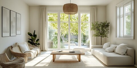 Fototapeta premium Cozy Modern Living Room with Neutral Tones, Stylish Decor, and Elegant Architecture- generative ai