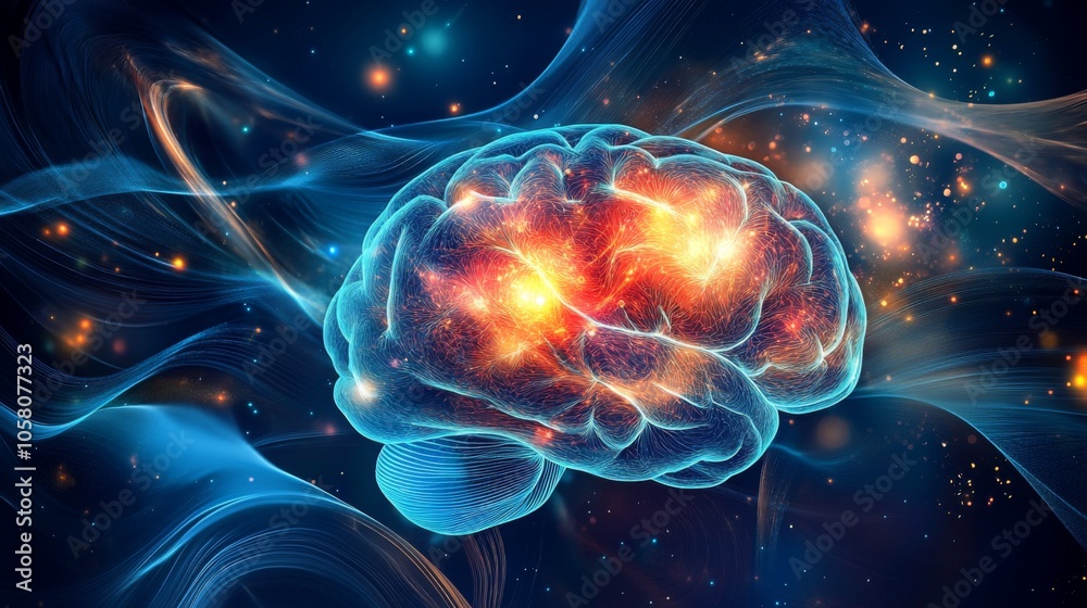 Leinwandbilder a digital rendering of a human brain with glowing lights inside its structure. the brain appears to 