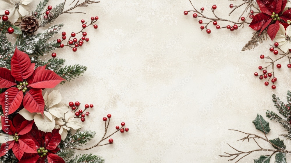 Poster a flat lay image of red poinsettia flowers and holly berries arranged on a white background, creatin