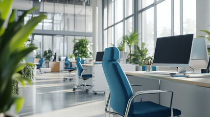 Modern office interior with blue chairs, plants, and large windows