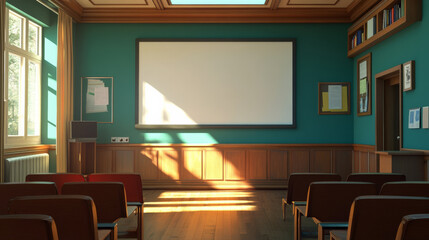 spacious conference room with blank projection screen, wooden paneling, and natural light streaming in. setup is ideal for presentations and meetings