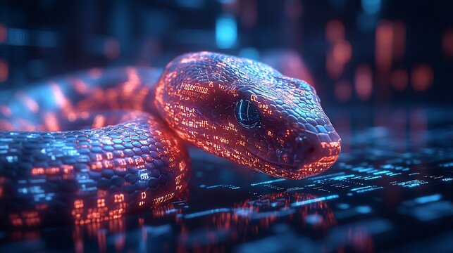 A digital snake made of glowing data bits on a circuit board.