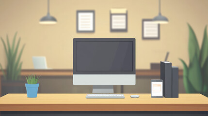 modern workspace featuring computer, smartphone, books, and plant, creating welcoming atmosphere for productivity and creativity