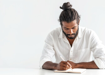 Focused Indian man writing in notebook with pen at white desk