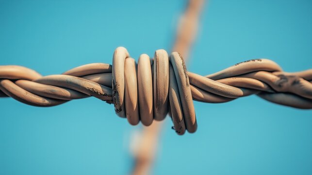 Close-up view of a twisted wire wrapped around itself against a clear blue sky backdrop