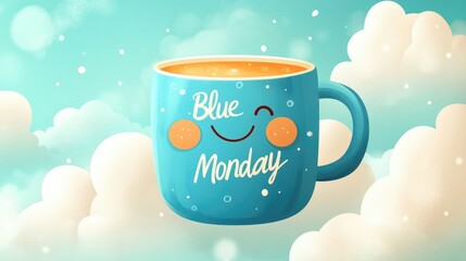 Cute blue mug with smiling face among fluffy clouds, representing the lighthearted side of blue monday concept
