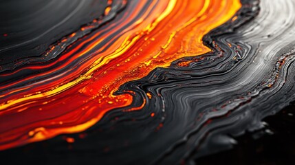 Abstract liquid art with black, yellow, orange, and red.