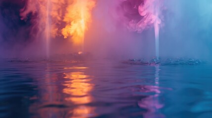 Fototapeta premium Multicolored vapor floats over a calm reflective surface in an illuminated environment.