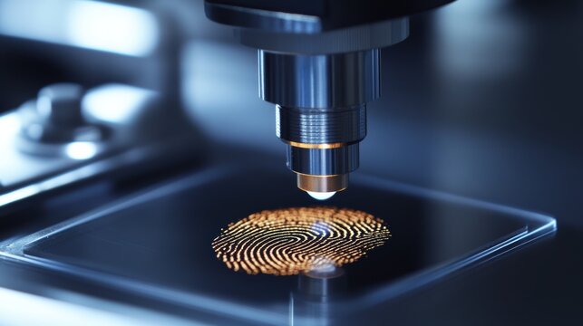 Close up of forensic fingerprint analysis technology for crime investigation and evidence collection