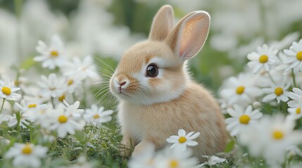 Cute brown bunny rabbit sitting in a field of white daisies.